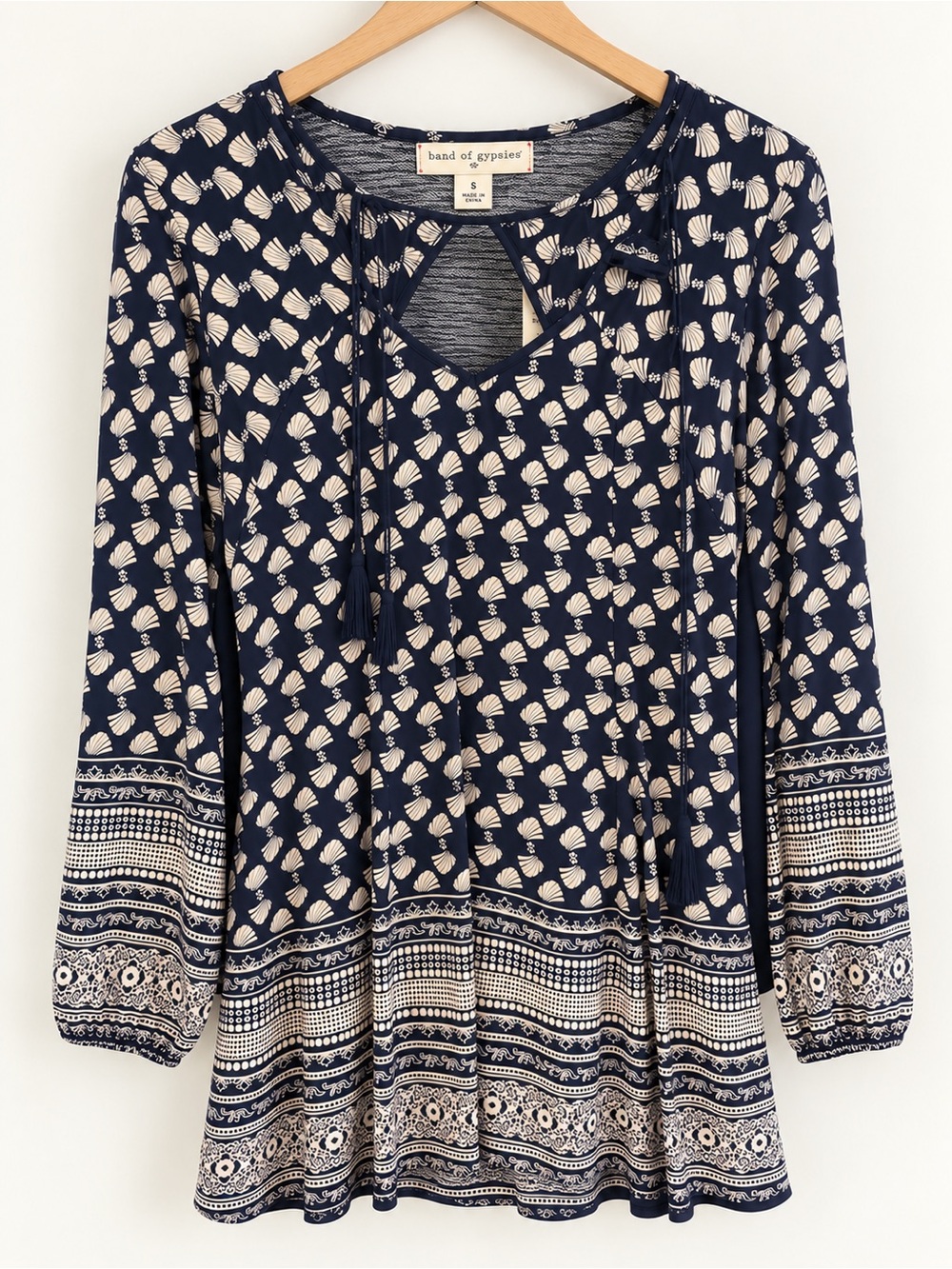 Band of Gypsies Navy and Cream Printed Boho Tunic Top/Dress long sleeve Small NW